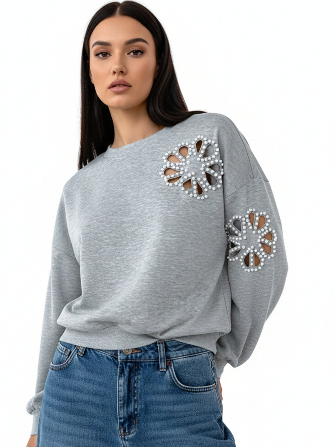 Grey Full Sleeve Flower Cut-Out Sweatshirt