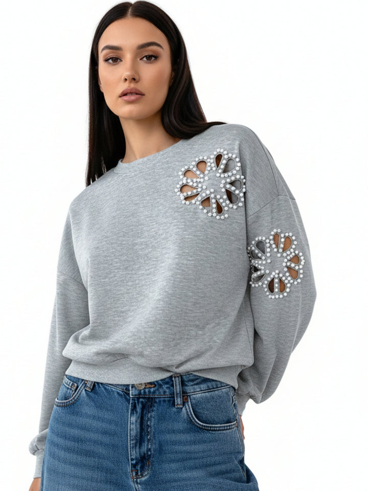 Grey Full Sleeve Flower Cut-Out Sweatshirt