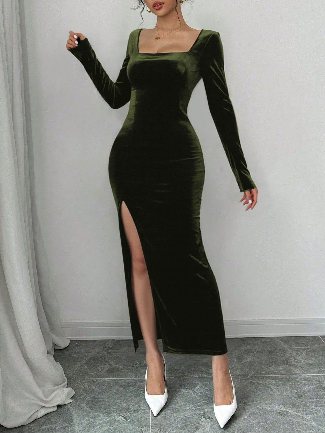 Olive Full Sleeve Square Neck Side Slit Dress