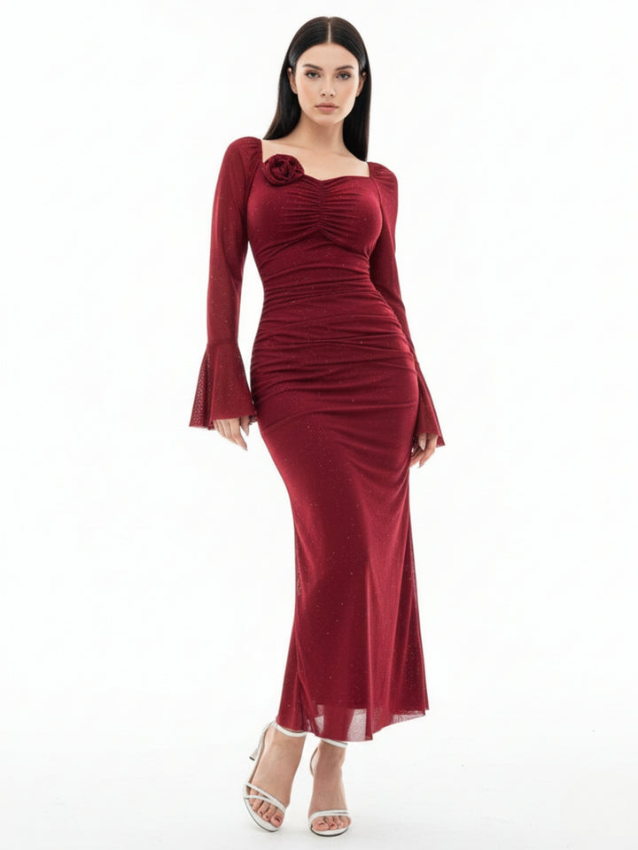 Maroon Bell Sleeve Sweatheart Neck Dress