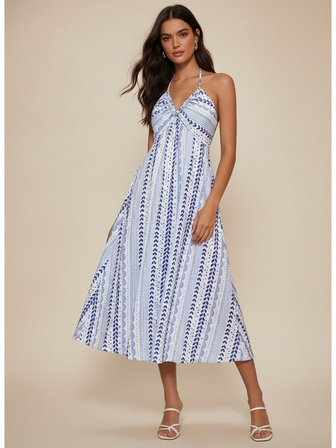 Blue Printed Bustier Style Halter Neck Dress