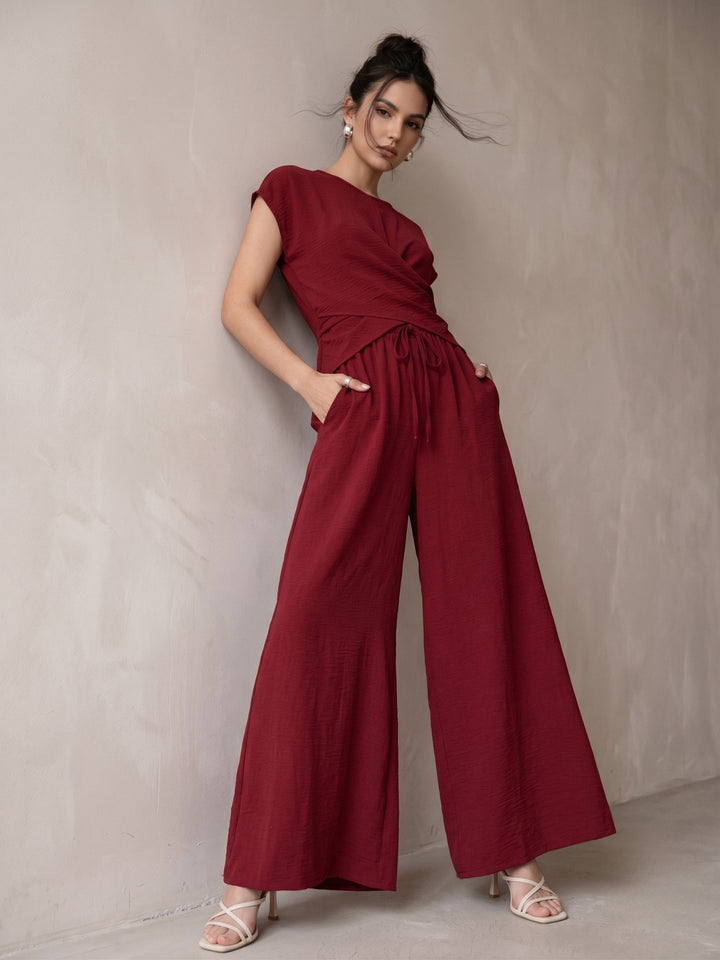Maroon Wrap Hem Detail Top With Wide Leg Pants Co-Ord Set