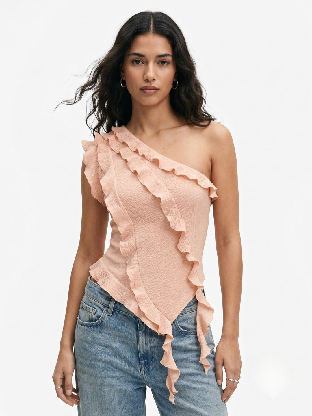 Peach Ruffle Detail Asymmetric Neck Top