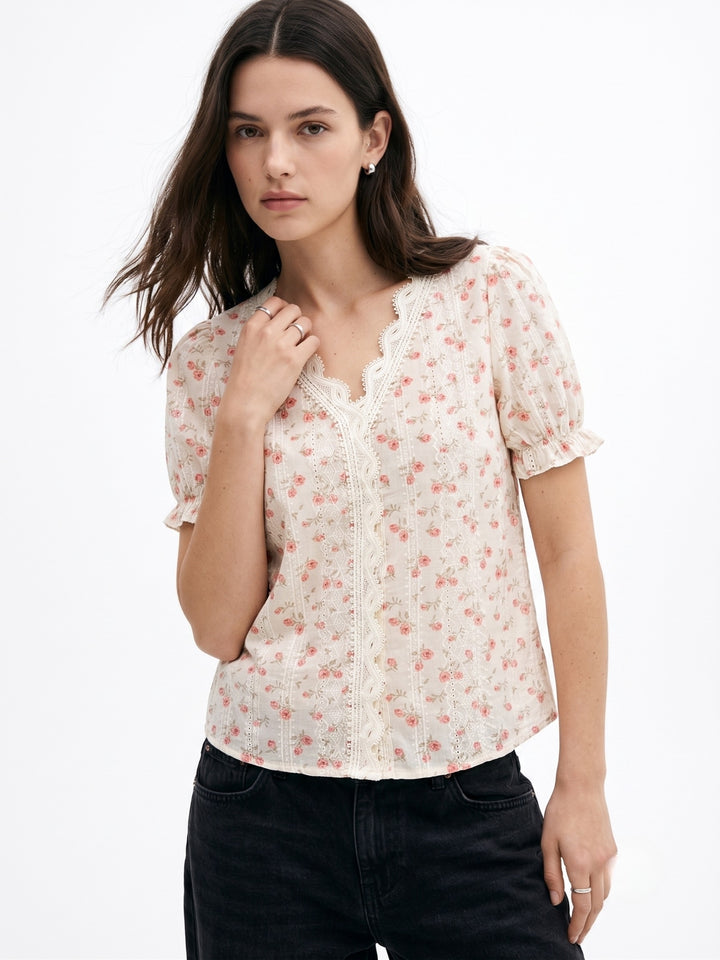 Off White Printed Puff Sleeved Top With Lace Inserts On The Neck