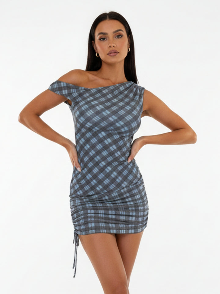 Blue One Shoulder Side Ruched Checkered Dress