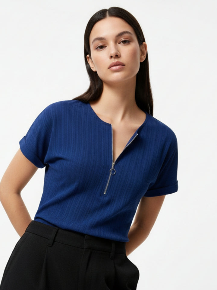 Blue Extended Shoulder Top With Front Zipper Detail