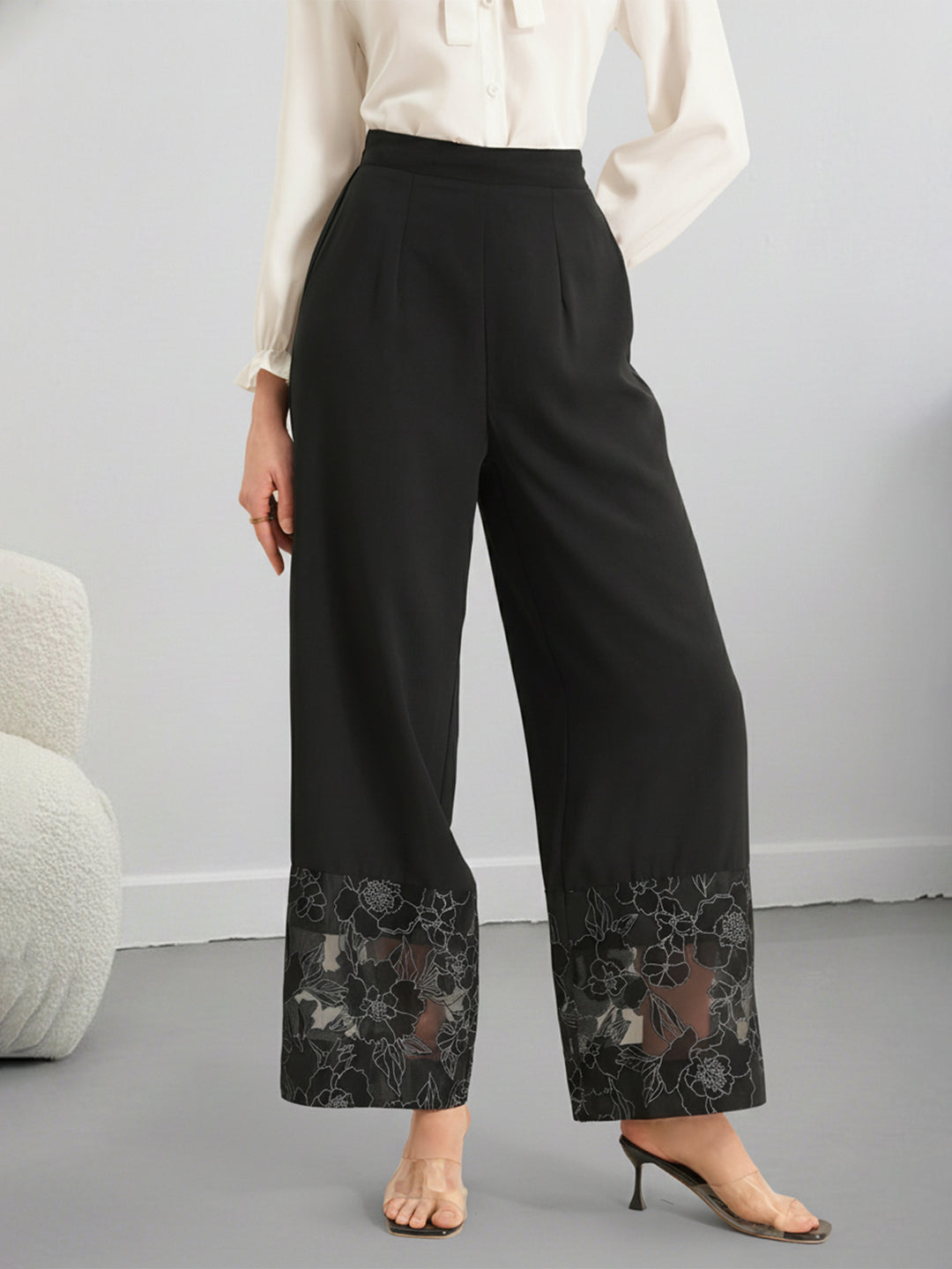 Black Wide Leg Trousers With Lace Hem