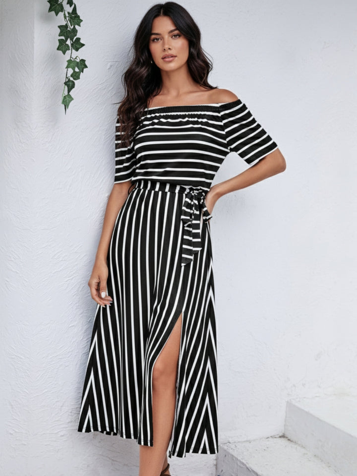 Black Off Shoulder Striped Slit Dress