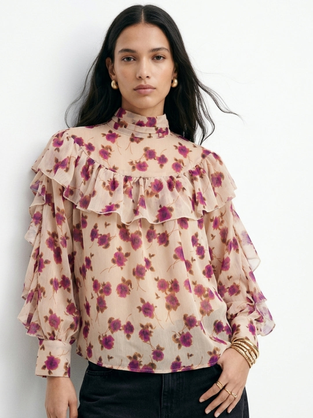 Beige Ruffle Detail Floral Printed Blouse