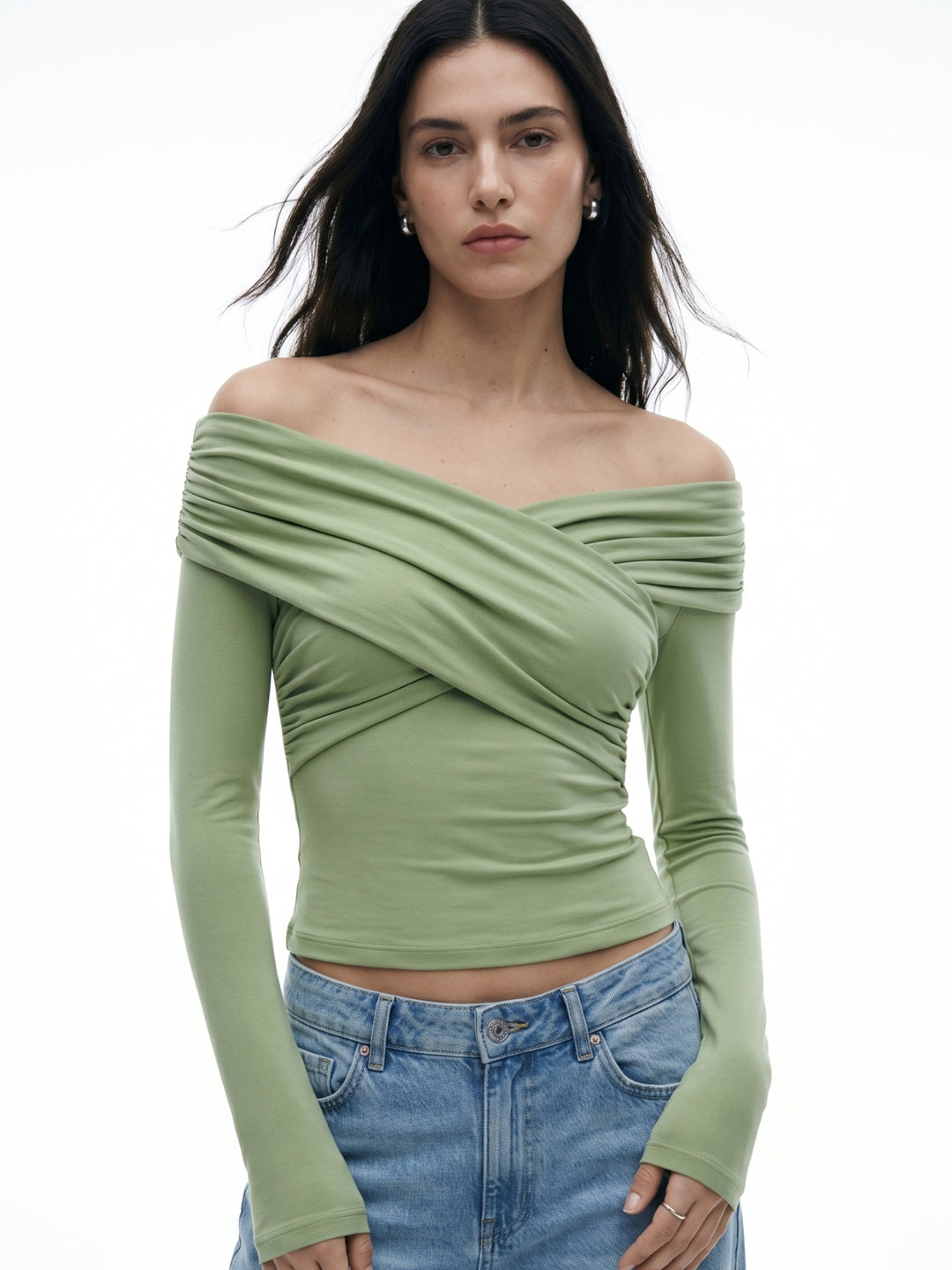 Olive Cross Front Off Shoulder Fitted Top
