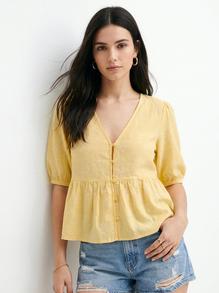 Yellow Relaxed Button Down Peplum Blouson Top