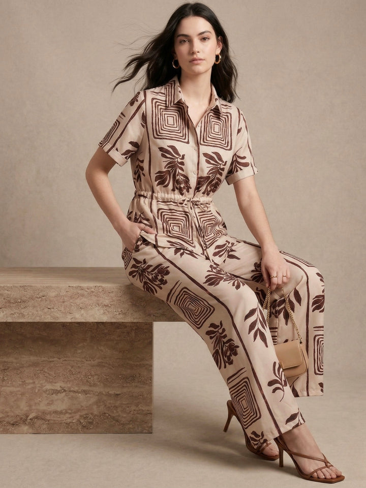 Off White Printed Short Sleeve Casual Co-Ord Set