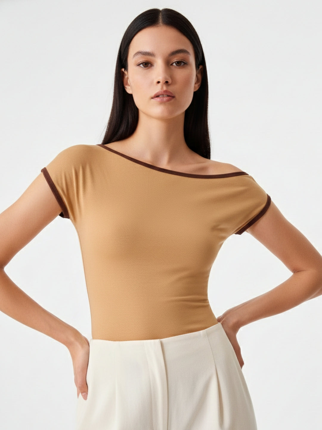 Beige Off-Shoulder Contrast Rib Knit Top