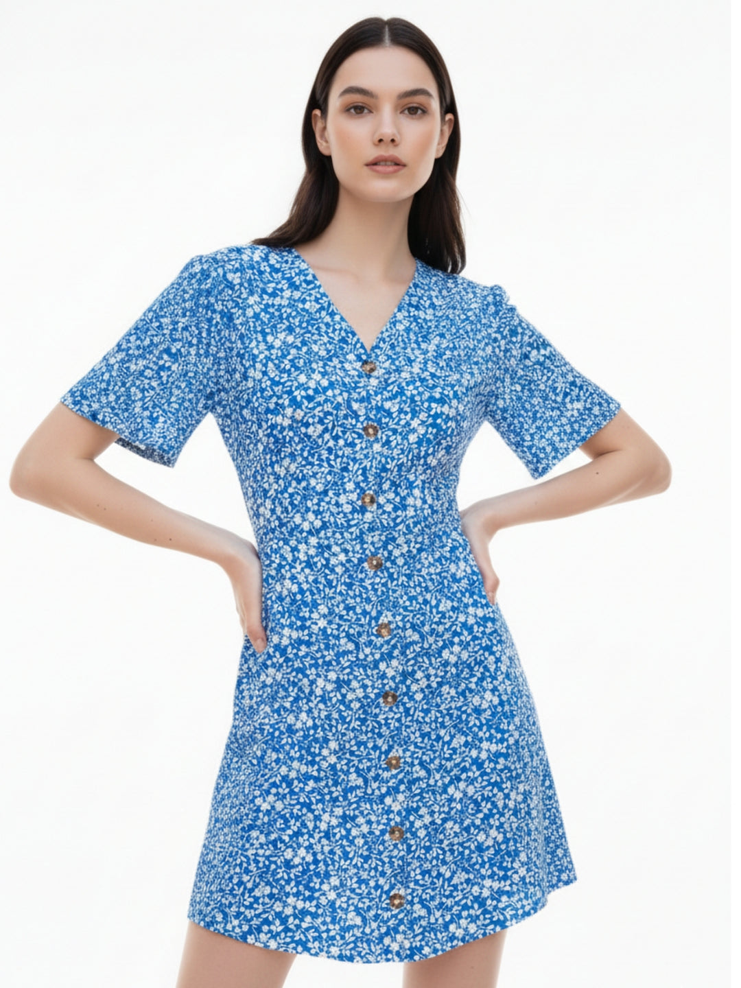 Blue Short Sleeve V Neck Printed Dress