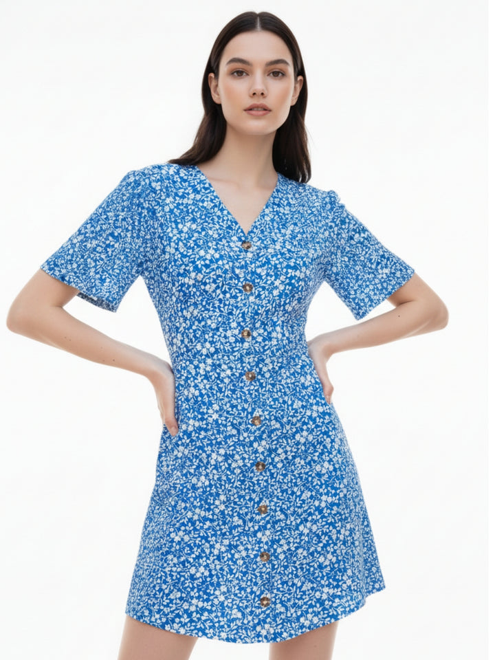 Blue Short Sleeve V Neck Printed Dress