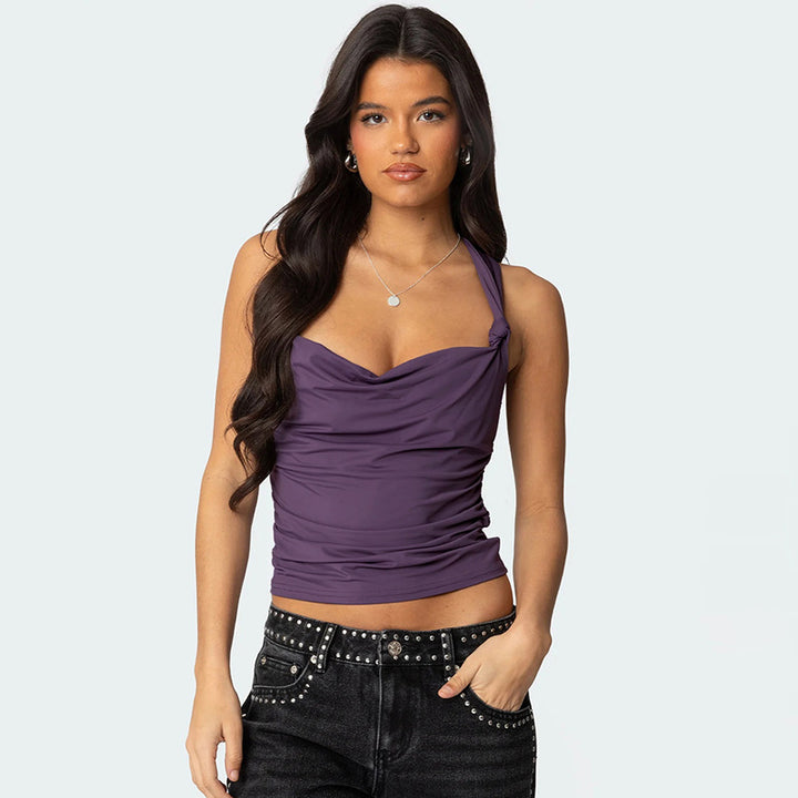 Purple Halter Cowl Neck Fitted Top