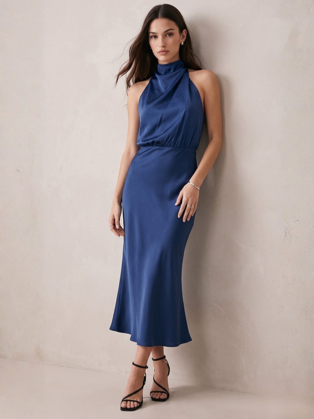 Navy Blue Mock Neck Flared Dress