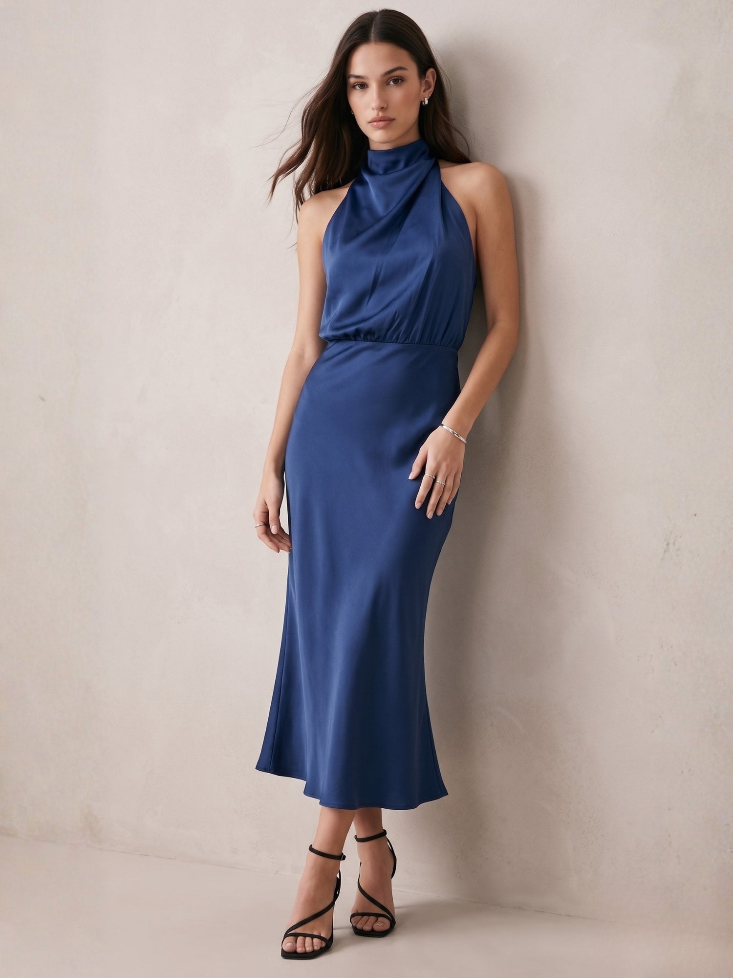 Navy Blue Mock Neck Flared Dress
