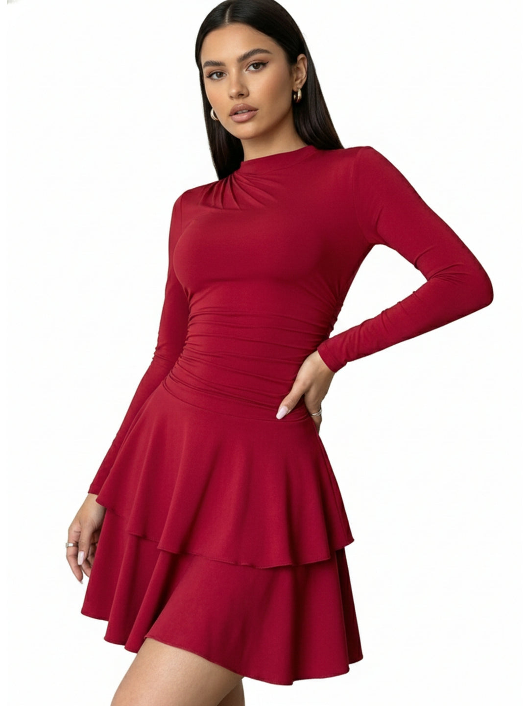 Red High Neck Cinched Waist Tiered Dress