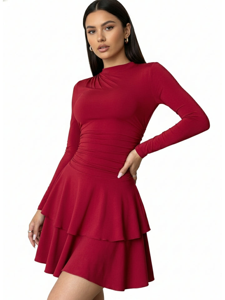 Red High Neck Cinched Waist Tiered Dress