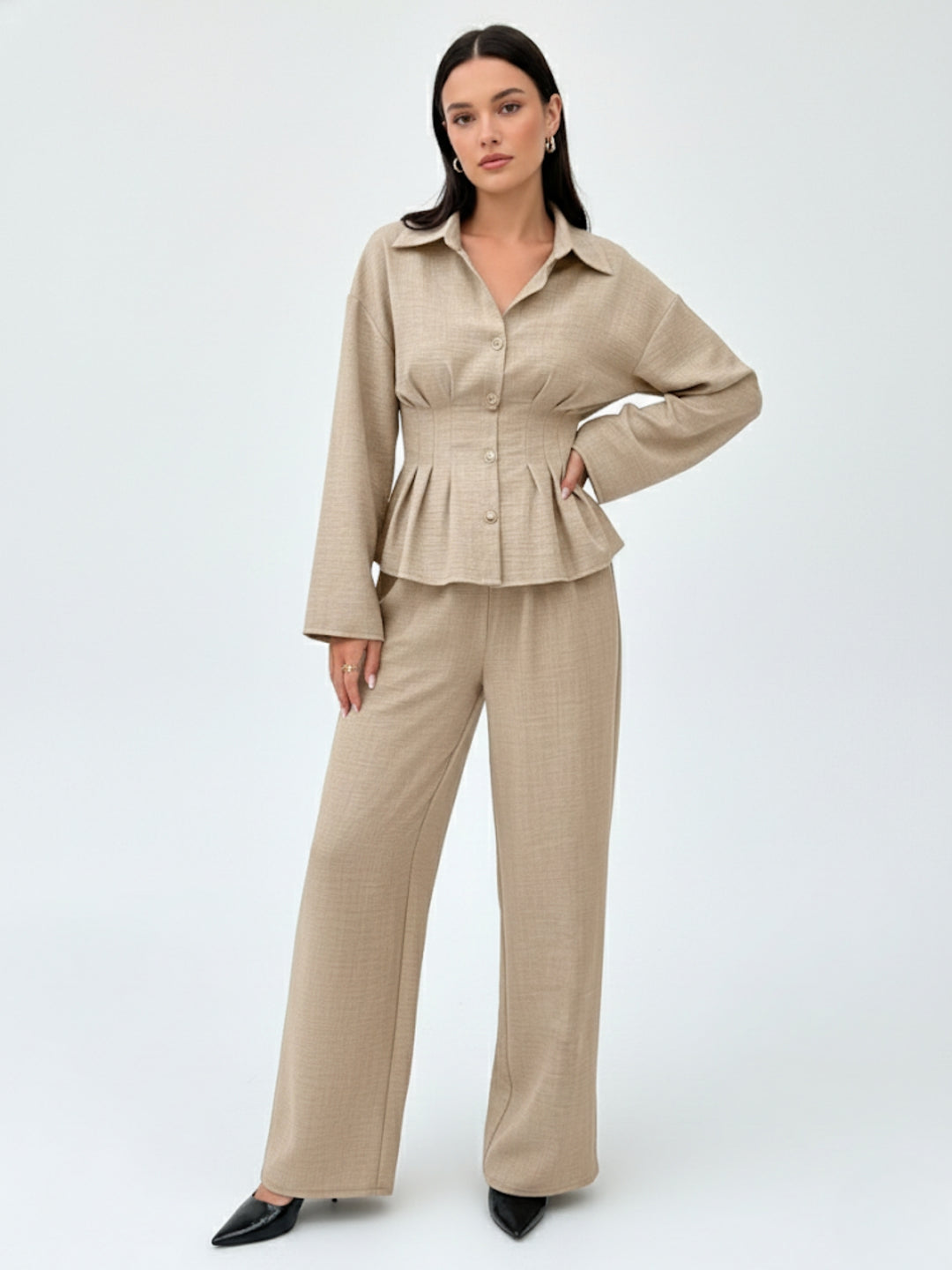 Beige Full Sleeve Fitted Shirt And Pant Set