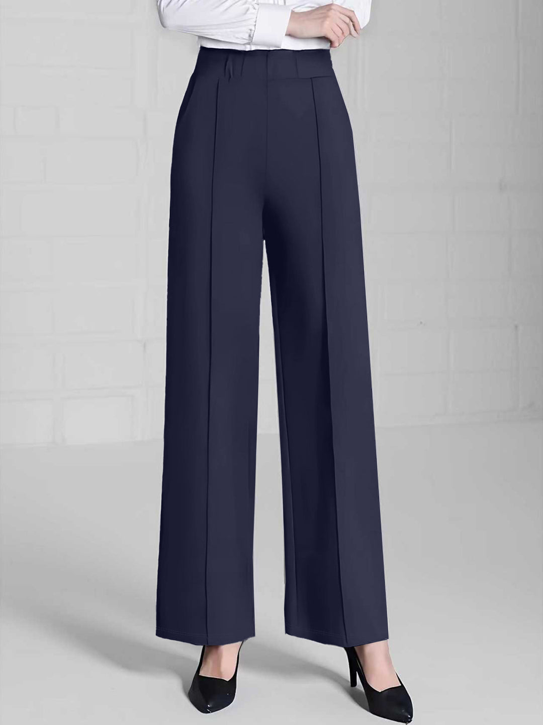 Navy Blue Solid Wide Leg Pant