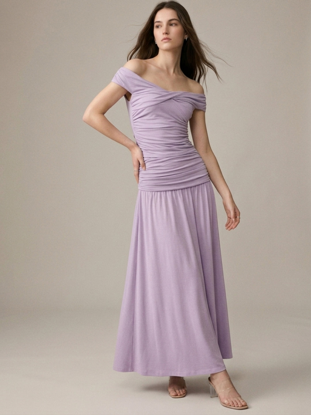 Lavender Off Shoulder Drop Waist Co-Ords