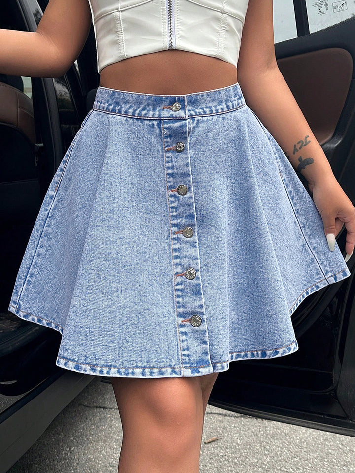 Blue Flared Button Up Denim Skirt