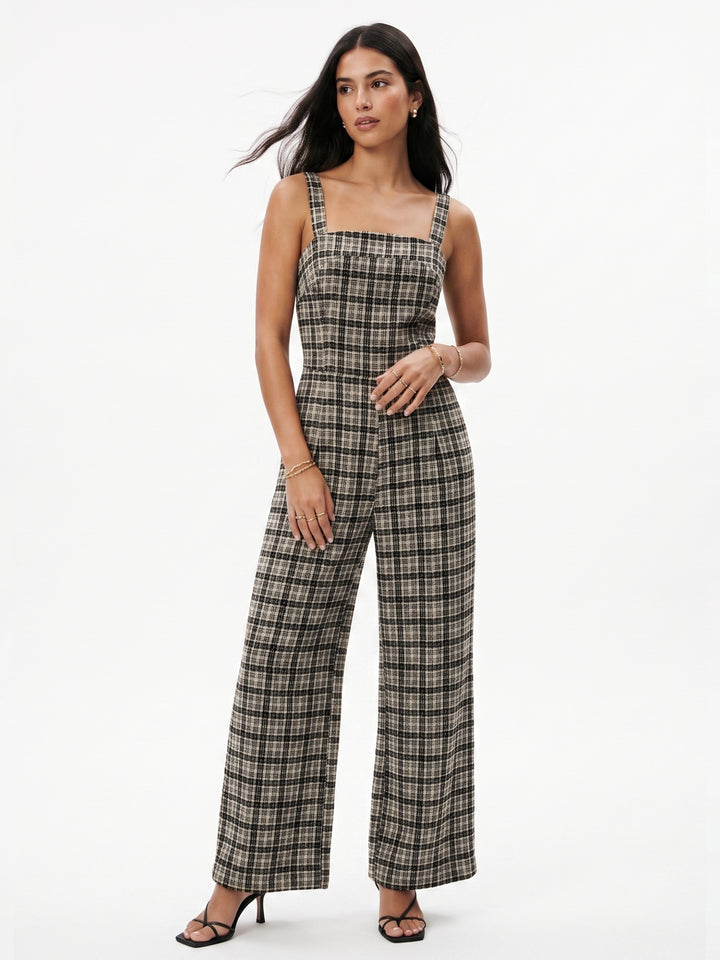 Grey Shoulder Strap Checkered Jumpsuit