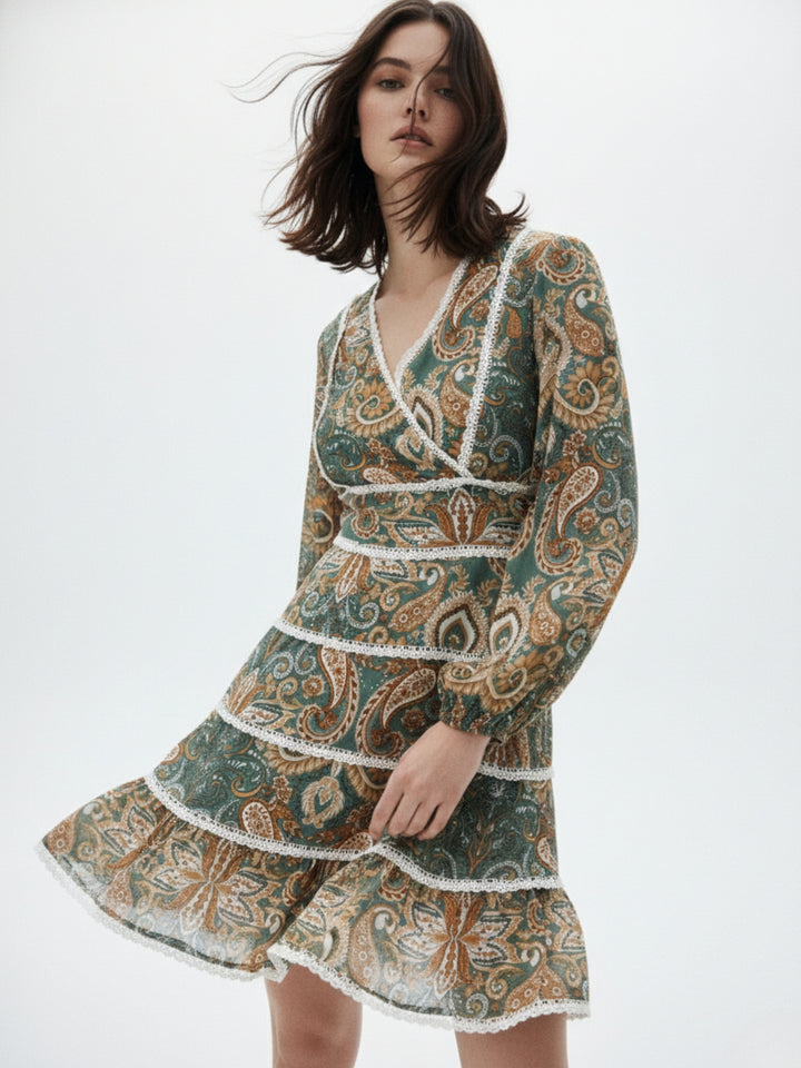 Green Printed Rayon Crinkled Blouse with lace detail