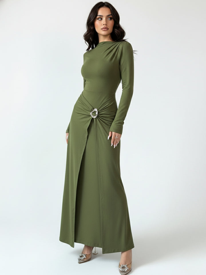 Olive High Neck Metal Trim At Waist Dress