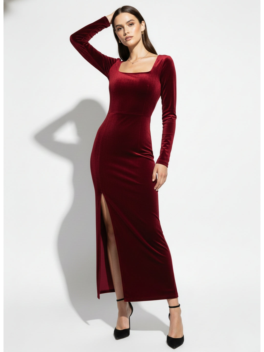 Wine Full Sleeve Square Neck Side Slit Dress