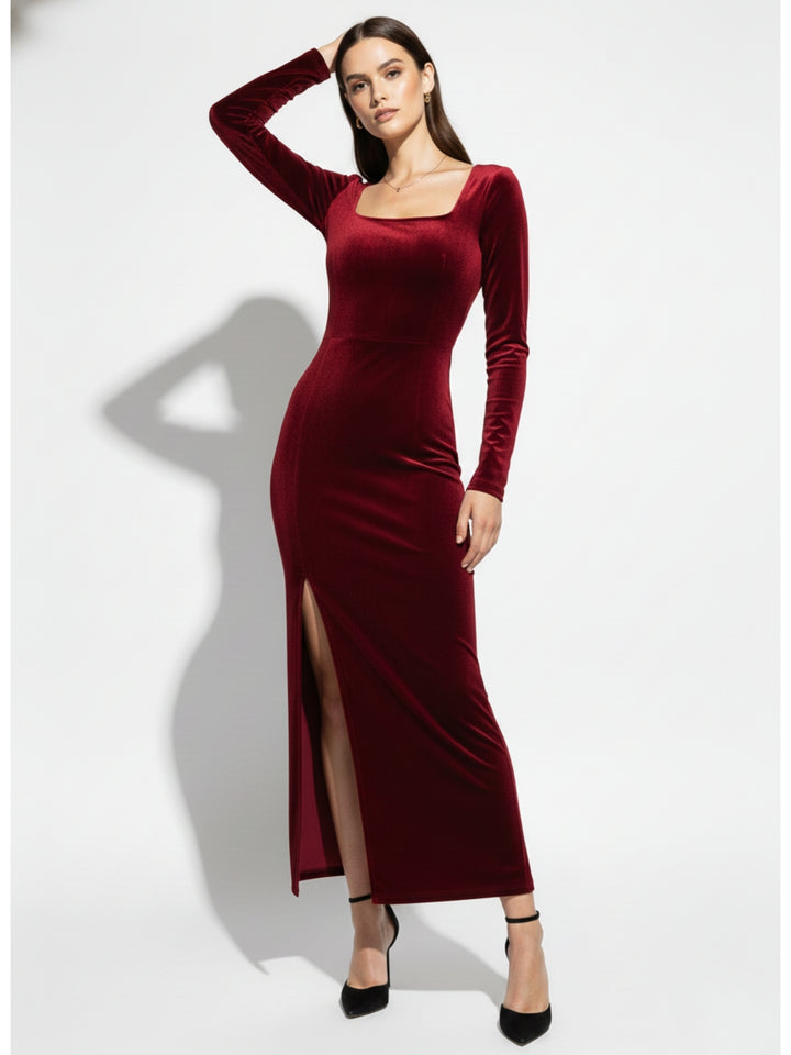 Wine Full Sleeve Square Neck Side Slit Dress