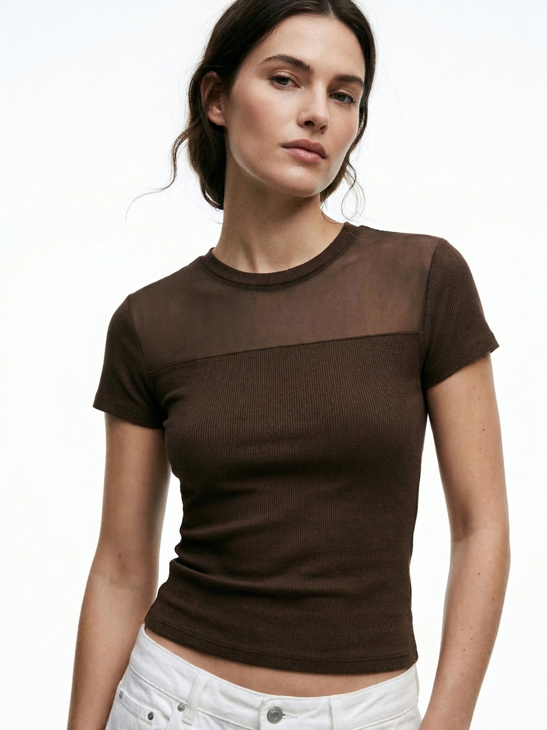 Brown Short Sleeve Mesh Top