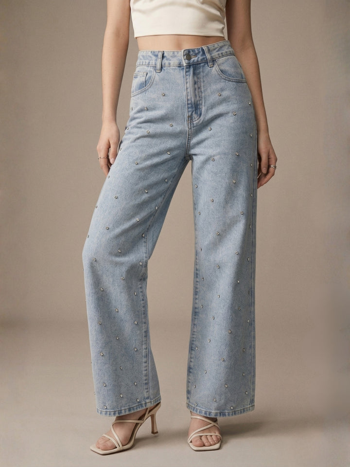 Light Blue All Over Spaced Out Studded Denim