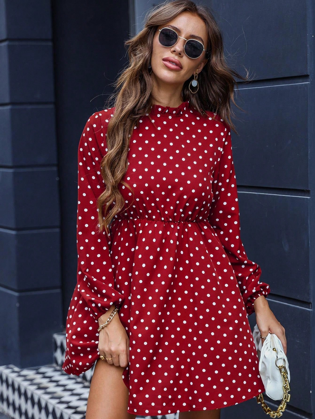 Red Printed Mock Neck Waist Fitted Dress