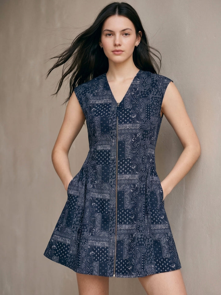 Blue Bandana Print Mini Dress With Front Zipper
