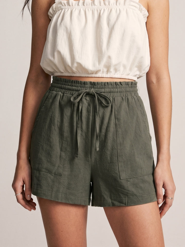 Green Paperbag Waist Shorts With Patch Pocket