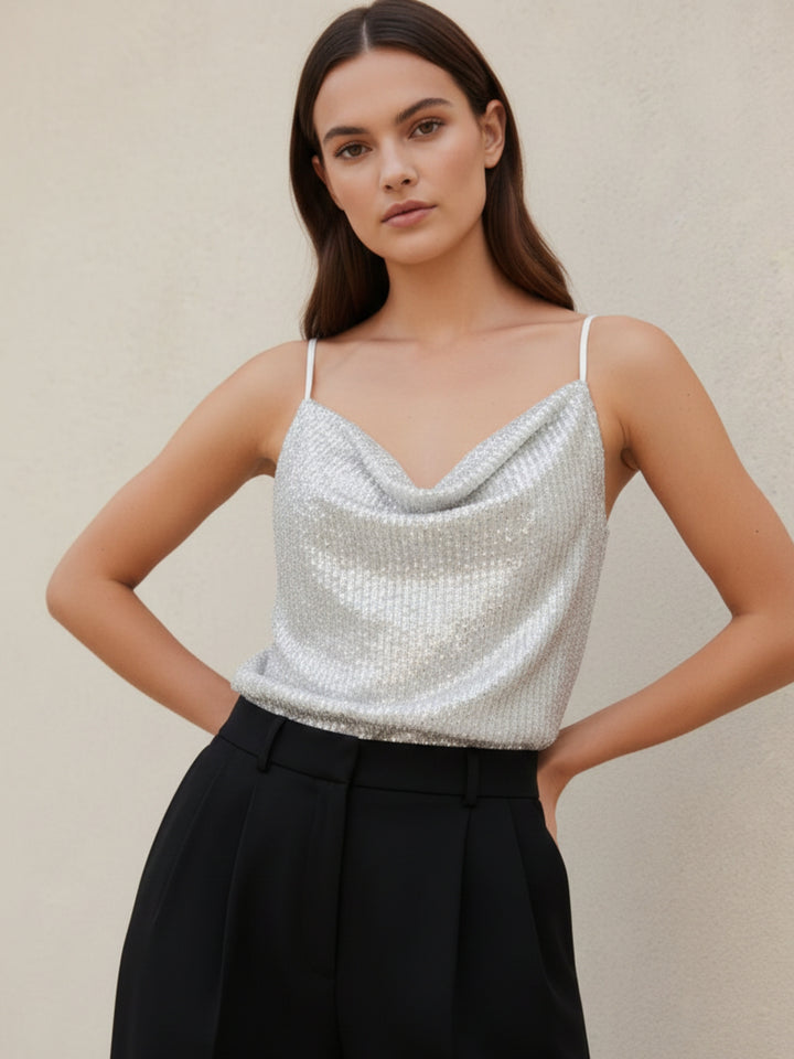 Silver Spaghetti Strap Sequined Camisole
