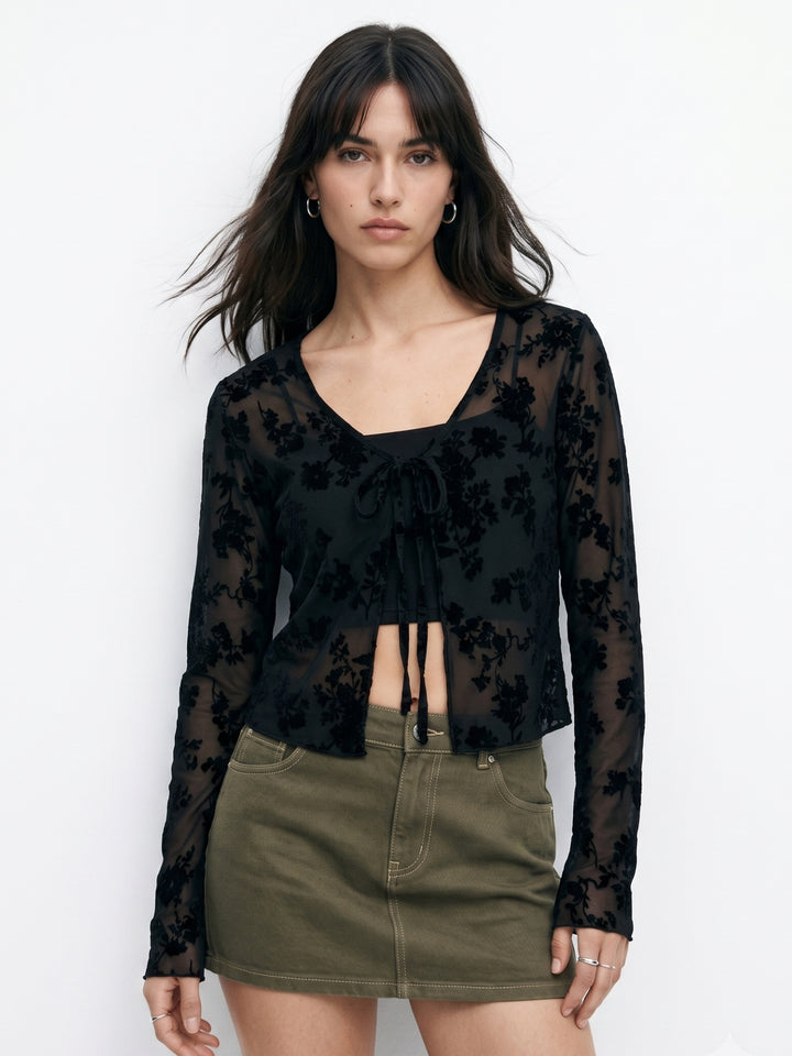 Black Printed Full Sleeve Tie-Up Top