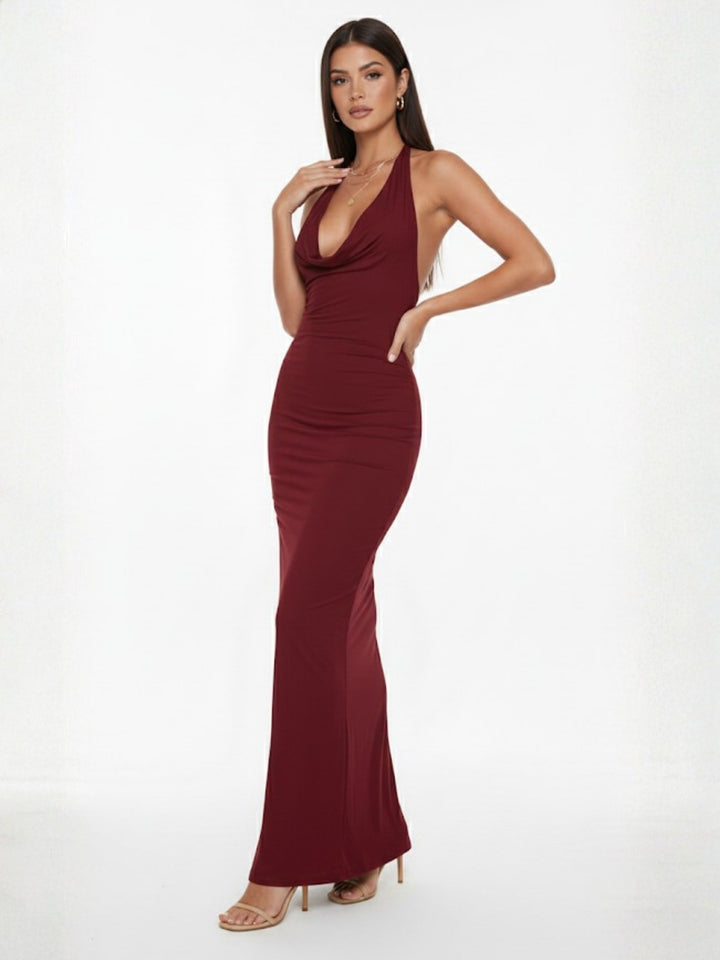 Maroon Halter Cowl Neck Dress