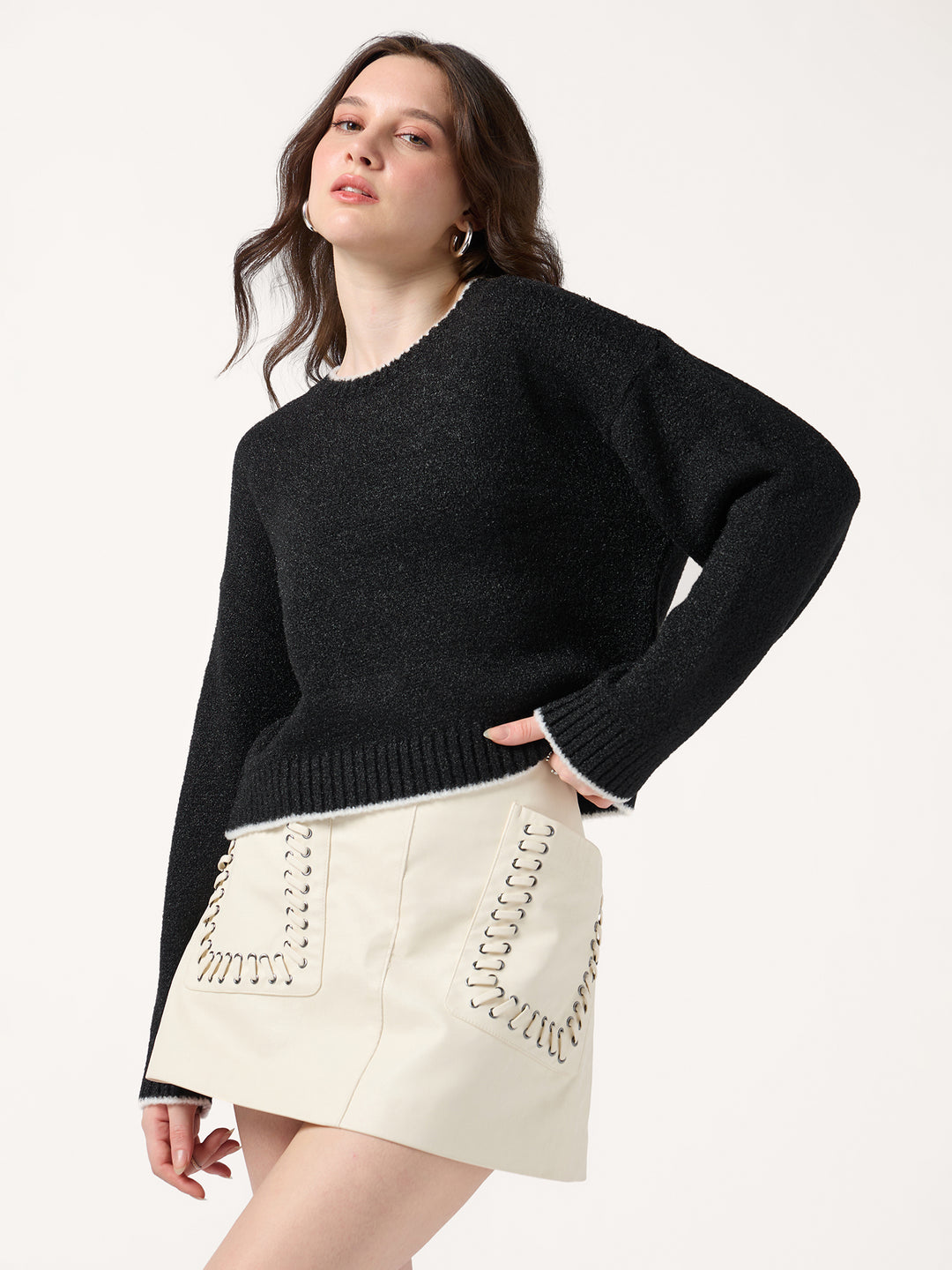 Black Contrast Binding Hem And Neck Sweater