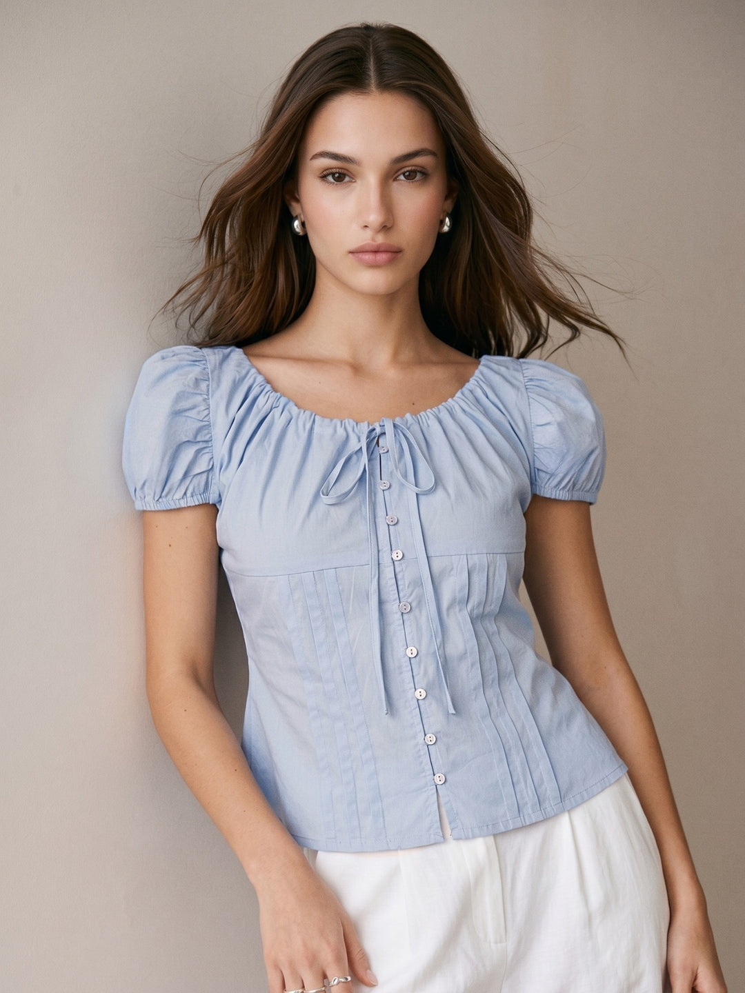 Blue Tie-Up Neck Puff Sleeve Top