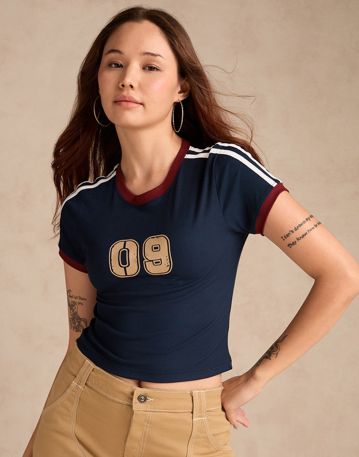 Navy Blue Cotton Ribbed Contrast Detail Crop Tee