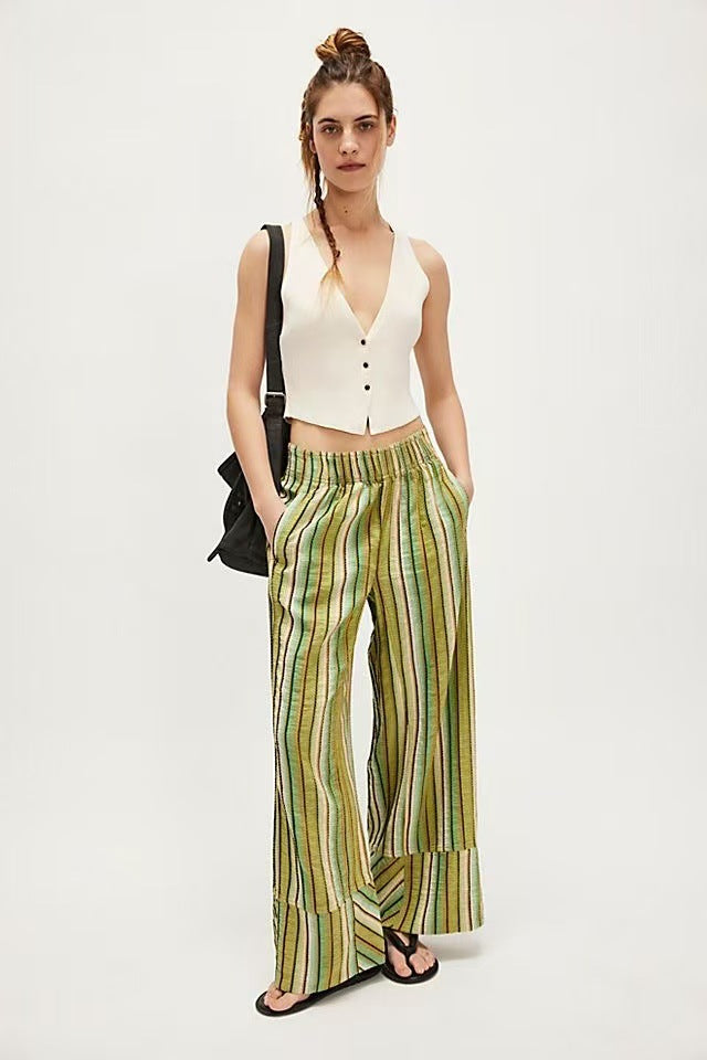 Green High Waist Striped Pants