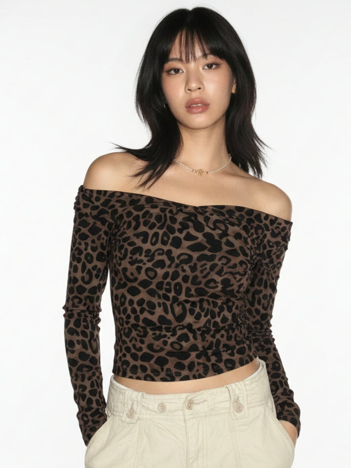 Brown Full Sleeve Off Shoulder Printed Top