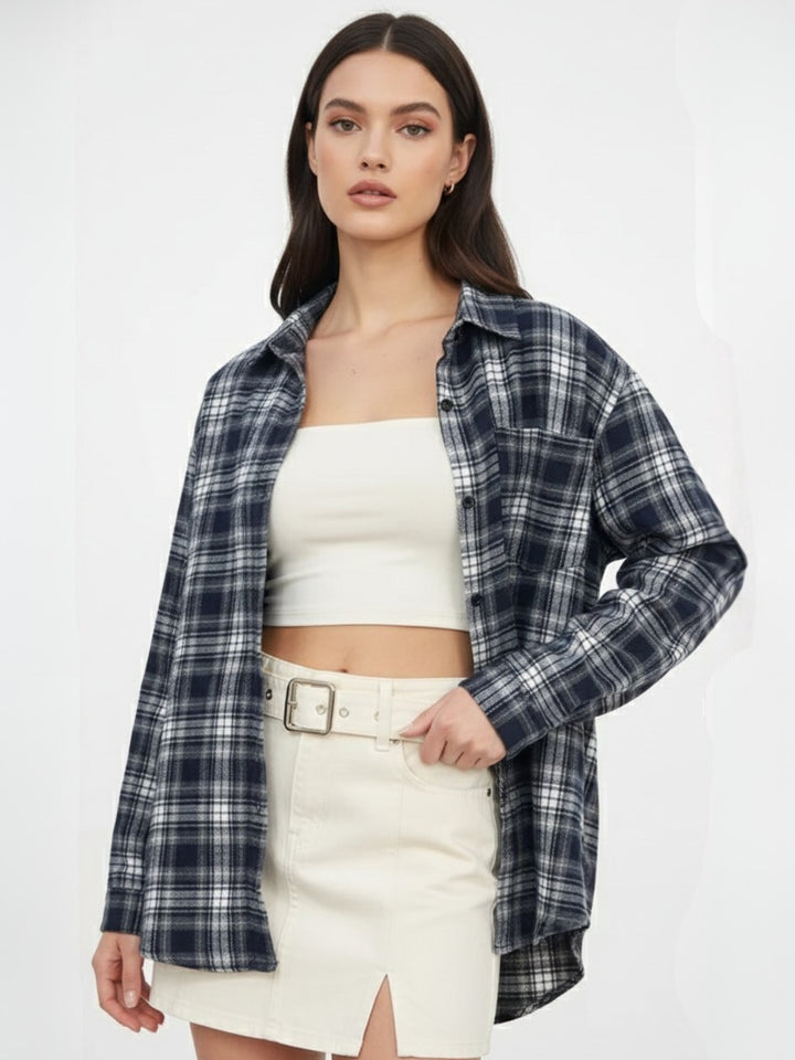 Navy Blue Checkered Front Buttoned Shirt