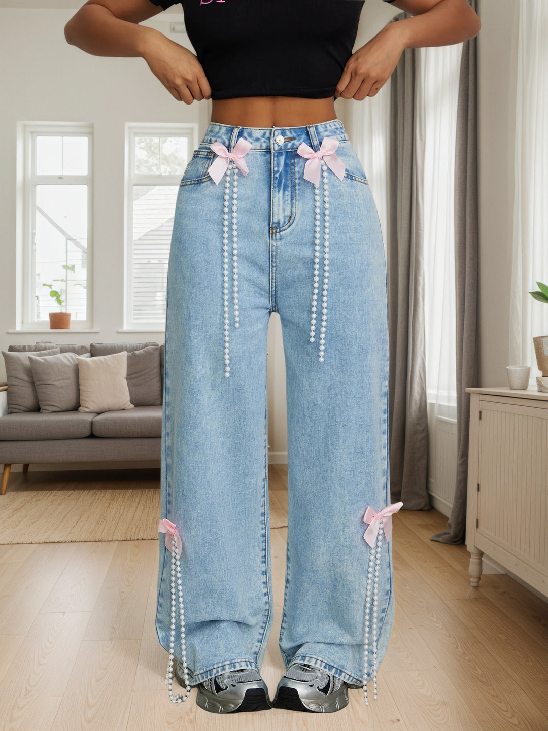 Blue Bow And Chain Embellished Denim