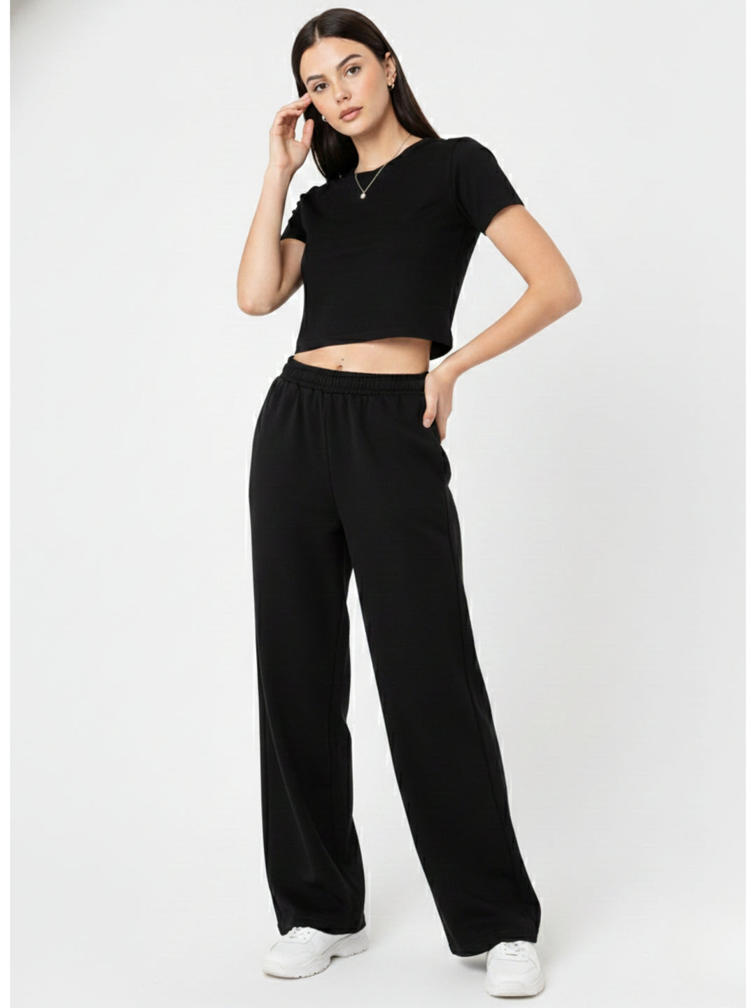 Black Crew Neck Crop Top And Pant Set