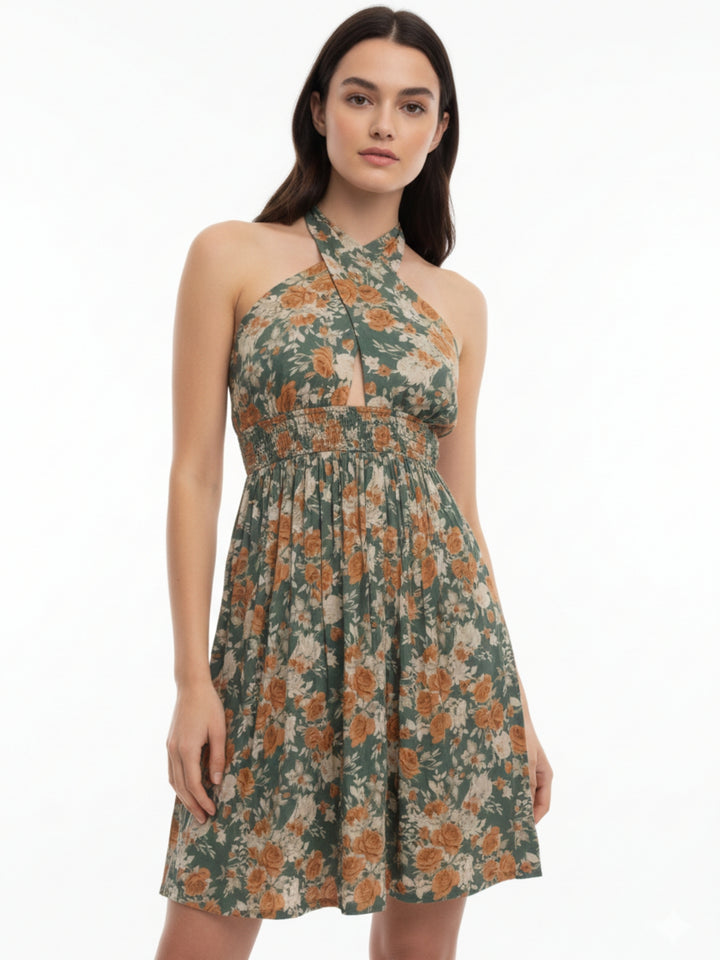 Multi Cross Halter Neck Printed Dress
